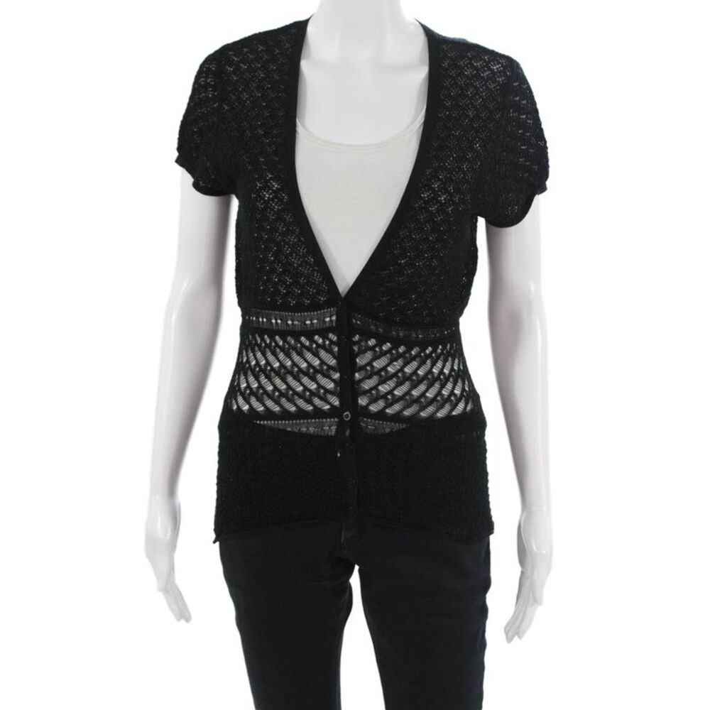 Laundry Industry Womens V-Neck Black Cotton Blend Button-Up Short Sleeve Size S